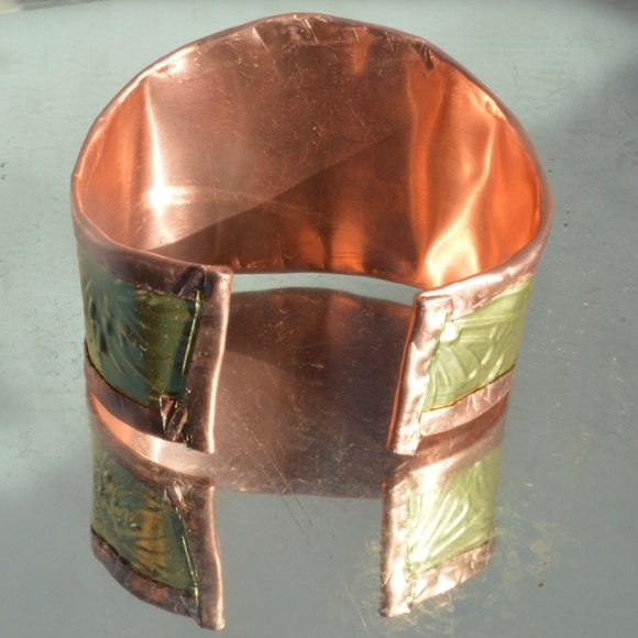 Rustic Brass Copper Cuff Bracelet Wide Floral Cowboy Gift Unisex Rustic Handmade - Picture 7 of 12